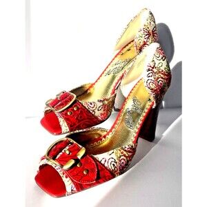 Naughty Monkey sexy highheel nwot red leather buckle striking embroidered 8.5